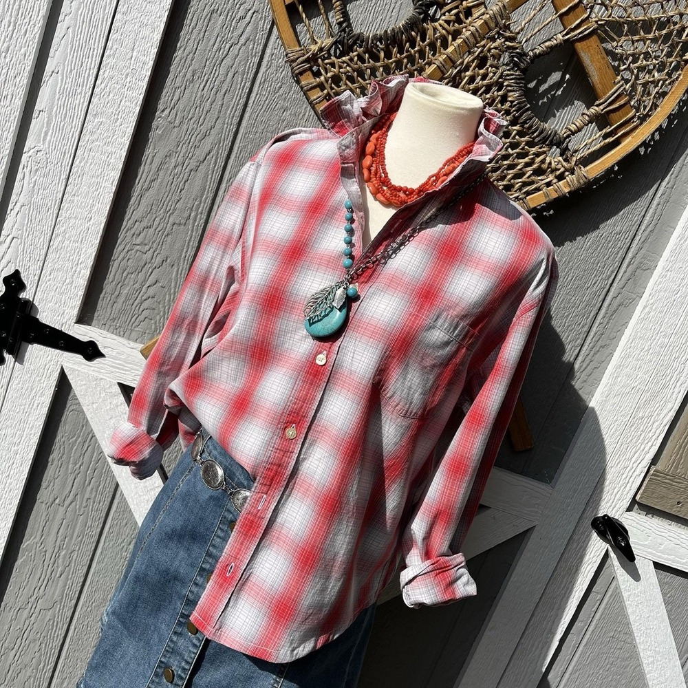 Upcycled J. Crew Shirtings Coral & Gray Plaid Ruffle Collar Long Sleeve Shirt M